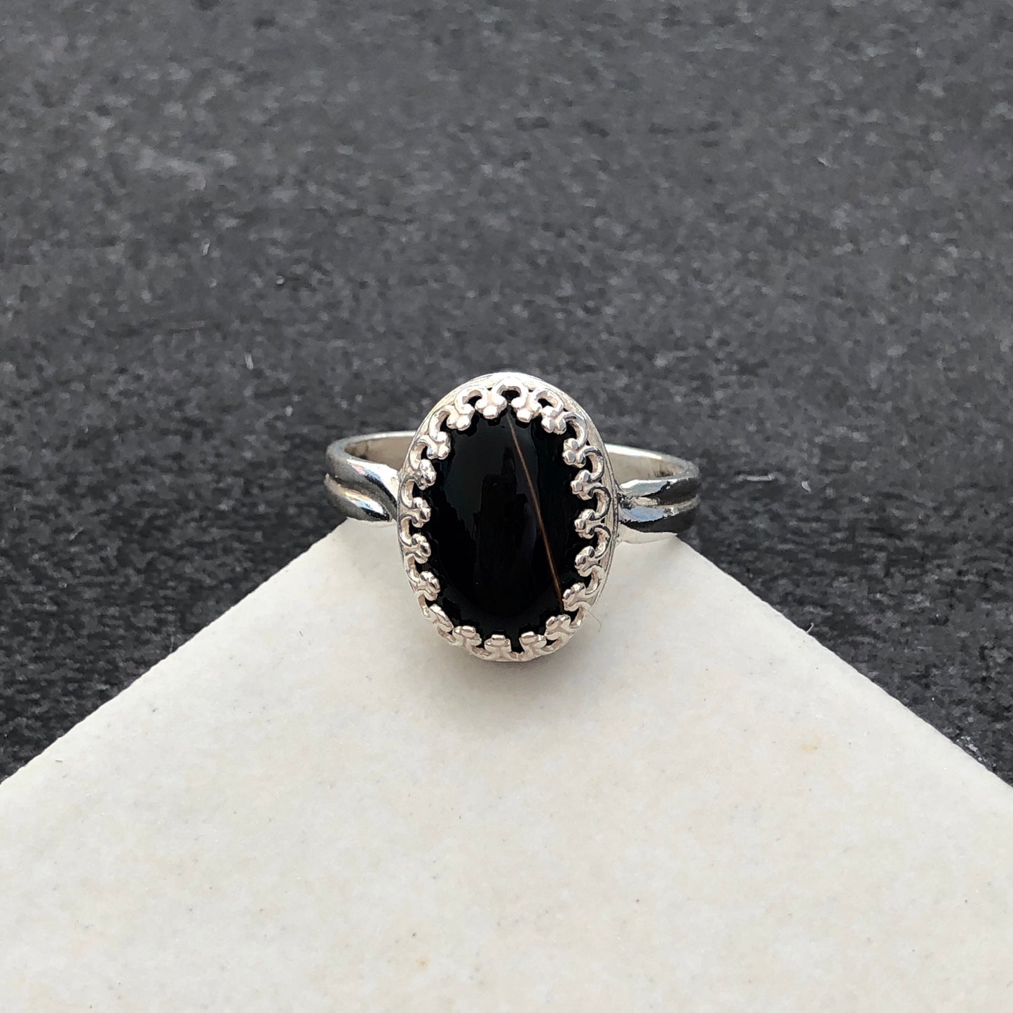 Medieval Style Black Banded Agate Ring