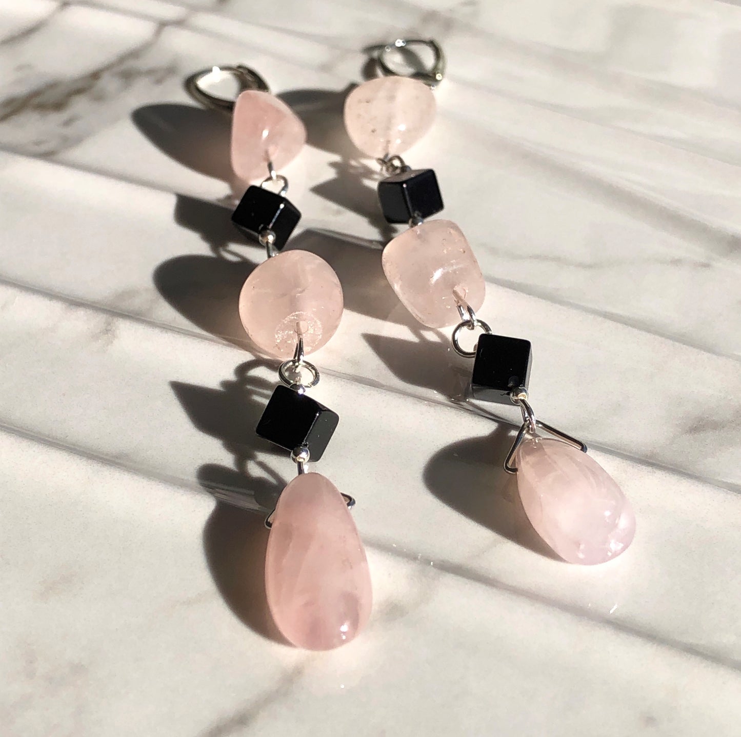 Rose Quartz and Onyx Earrings